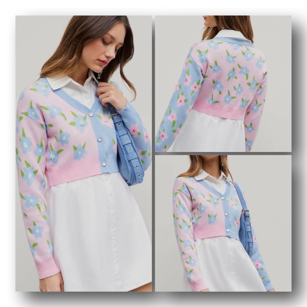 Cider Two Tone Button Up Floral Faux Pearl Cardigan